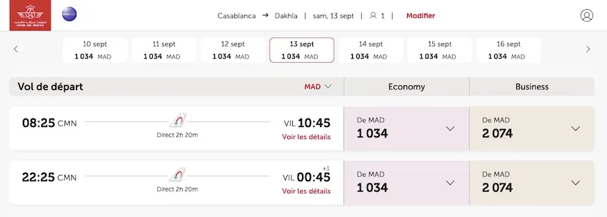 Exemple de vol entre Casablanca et Dakhla en septembre via Rayal Air Maroc