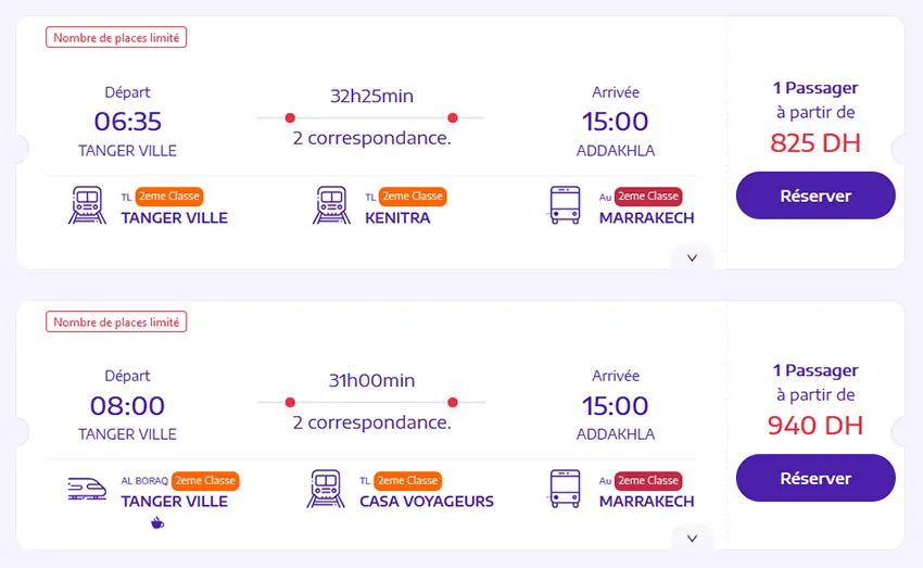 Trajet en train et bus combiné, entre Tanger et Dakhla via ONCF