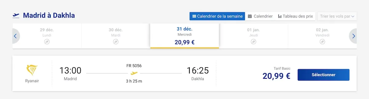 Vol entre Madrid et Dakhla le 31 décembre